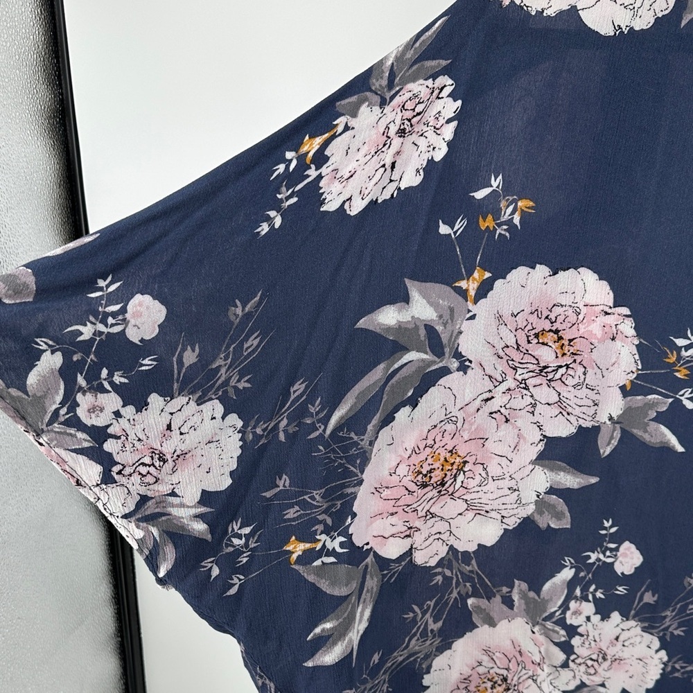 Boho Causal Chic Resort/Beachwear Navy Floral Kimono with Pink Blossoms Open SzL - Picture 6 of 9